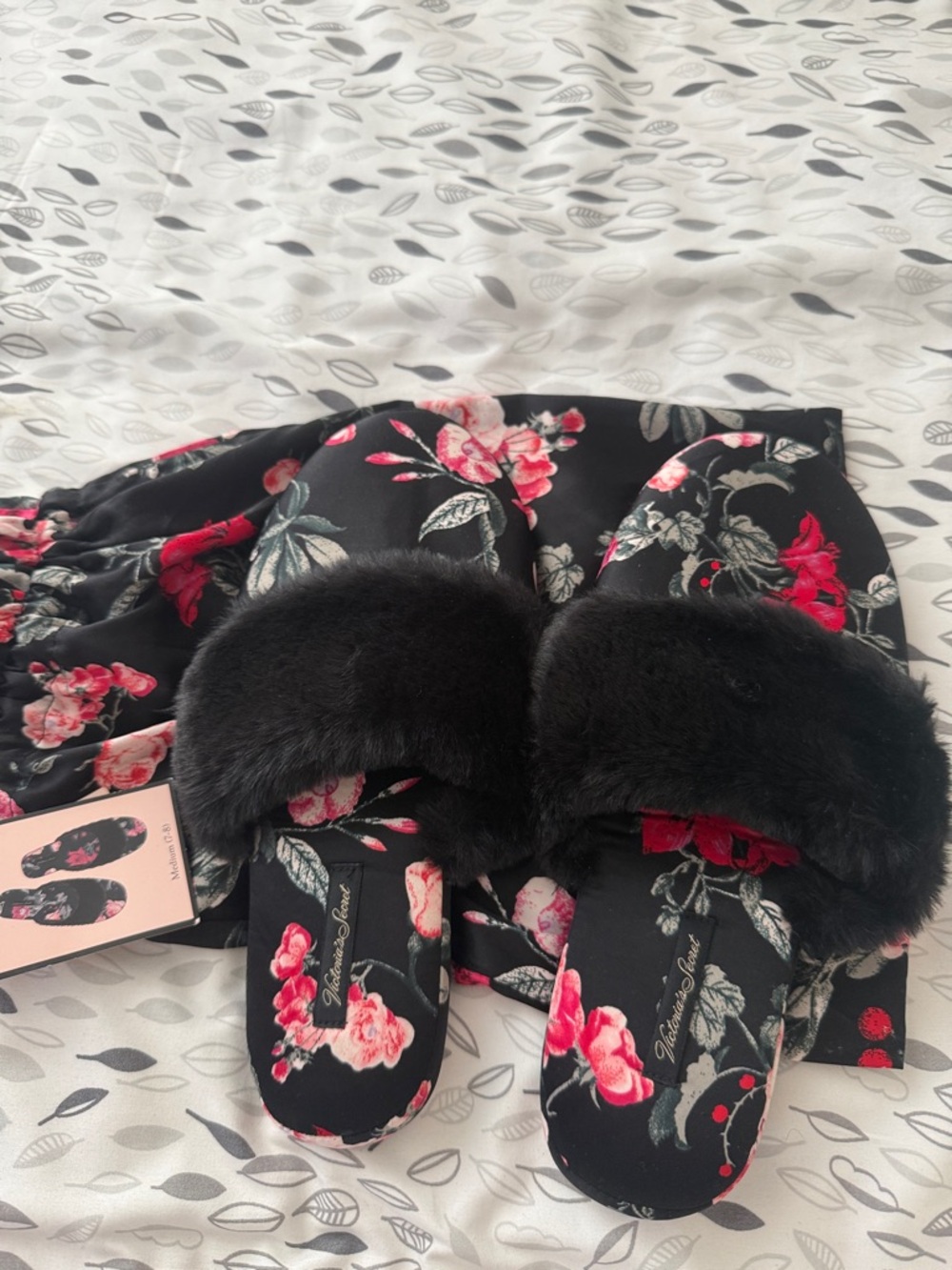 Victoria's Secret Black Floral Fur Slide Slippers